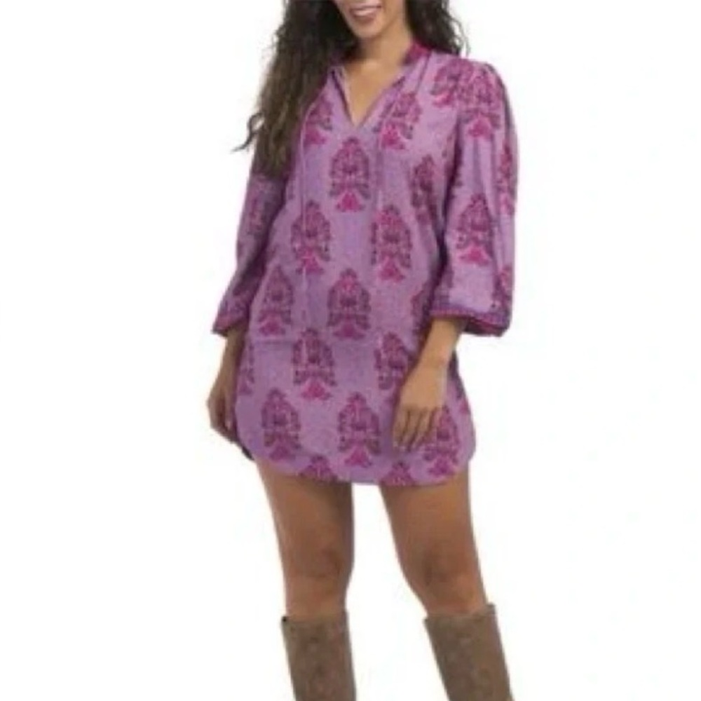 Celina Moon Bohemian Boho L/S Floral Lilac Tunic Dress w Pockets Size Medium